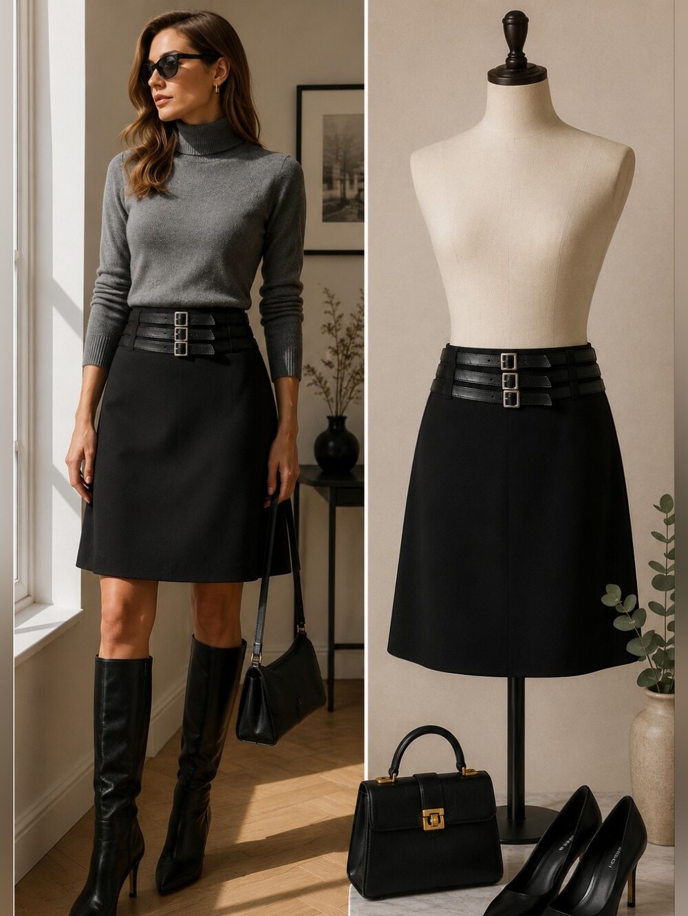 Georges Rech Virgin Wool A-Line Skirt Black Leather Trim EU 38 FR Designer